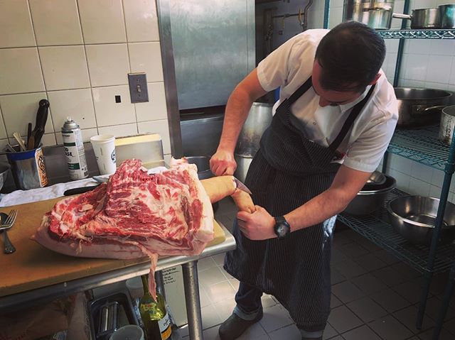 The hog has arrived! A big thanks to Chef Vinny for getting our pig ready for the feast on Sunday! This beauty is an Old Spot/Hampshire crossbreed.
We purchased our pig from Chickering Farm in Westmoreland, NH. The land has been farmed for seven gen